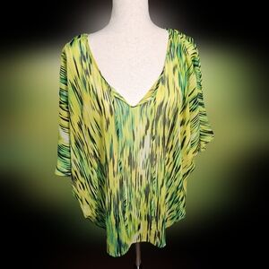 Jones New York Vibrant Green Drop Sleeve V-Neck Sheer Blouse Lg